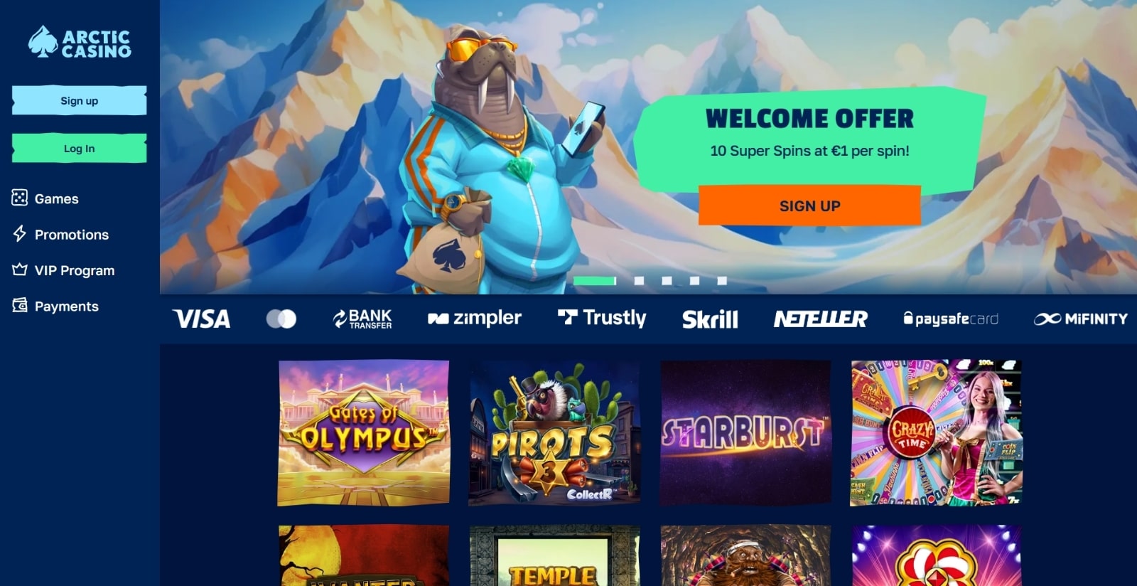 Arctic Casinos nettside med arktisk tema og casinoets hvalrossmaskot.