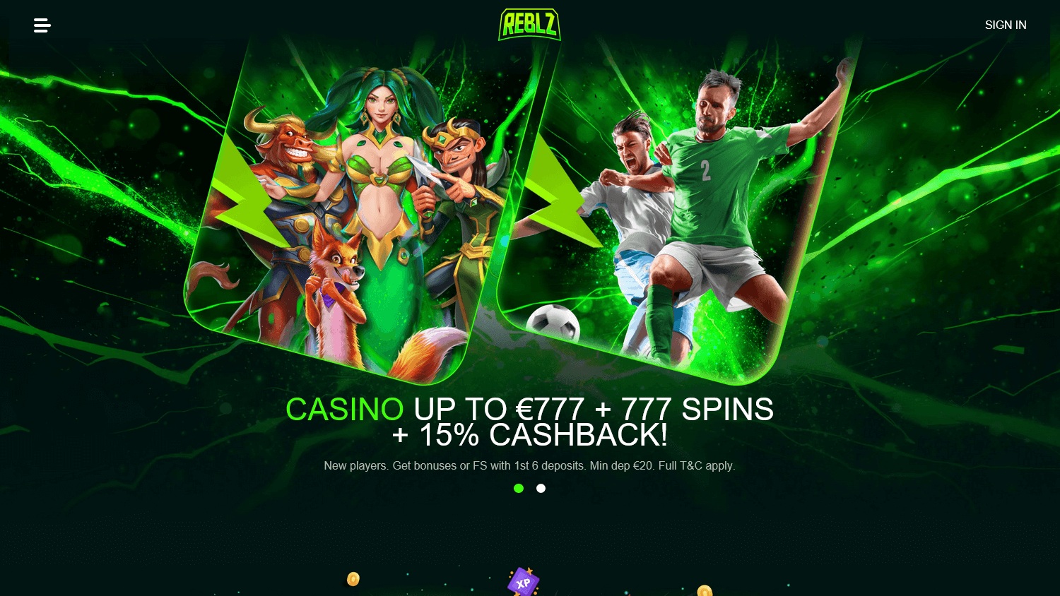 Reblz’ nettside med grønn profil og casino- og sportsmotiv.