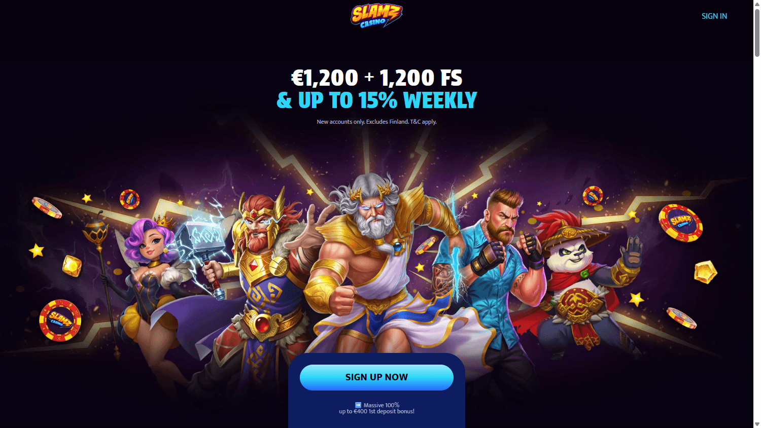 Slamz Casinos forside med mørk bakgrunn og fargerike spillfigurer.